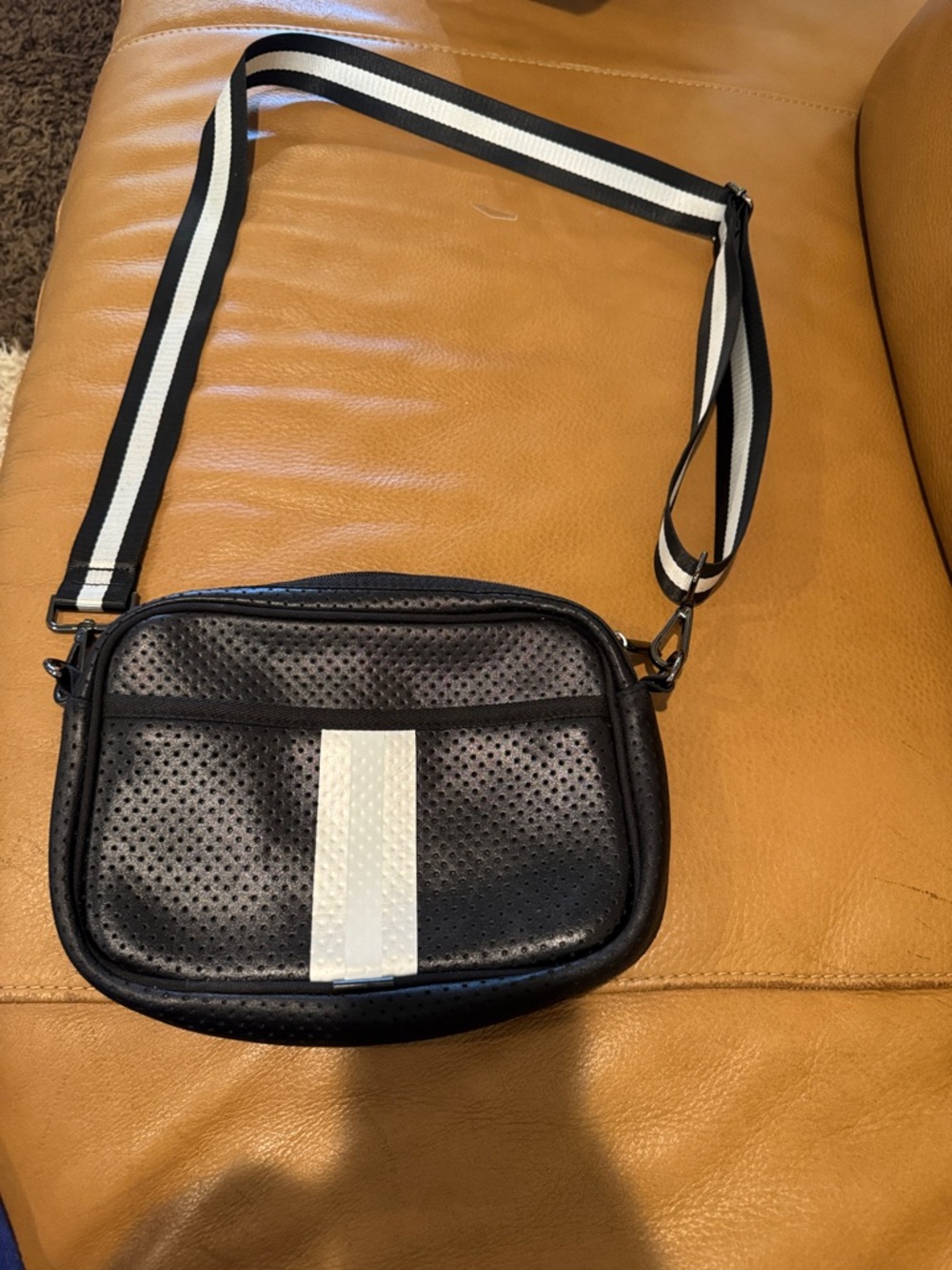 HAUTE SHORE Black Crossbody Bag with White Stripe & Black-White Strap
